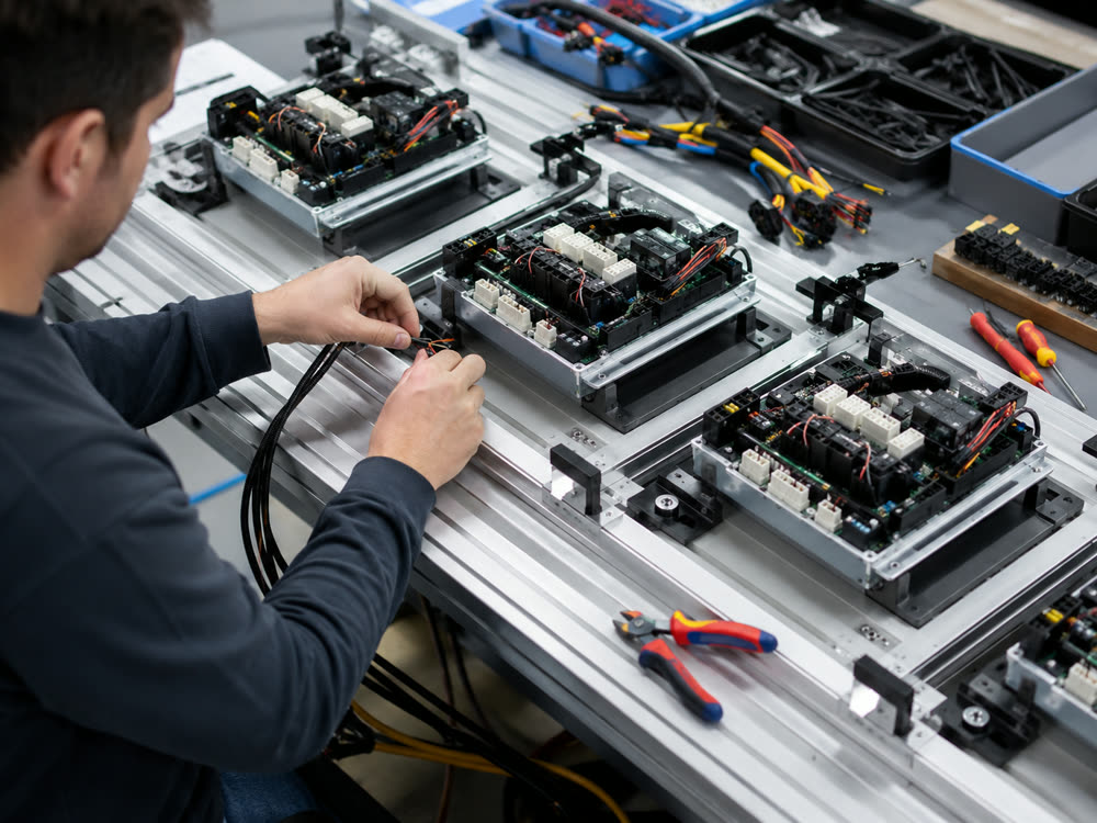 Mitarbeiter montiert elektronische Baugruppen an einer Fertigungslinie