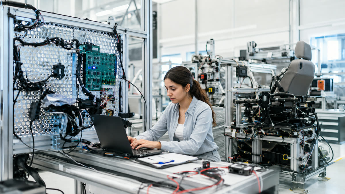 Mitarbeiterin arbeitet am Laptop in einer Fertigungshalle