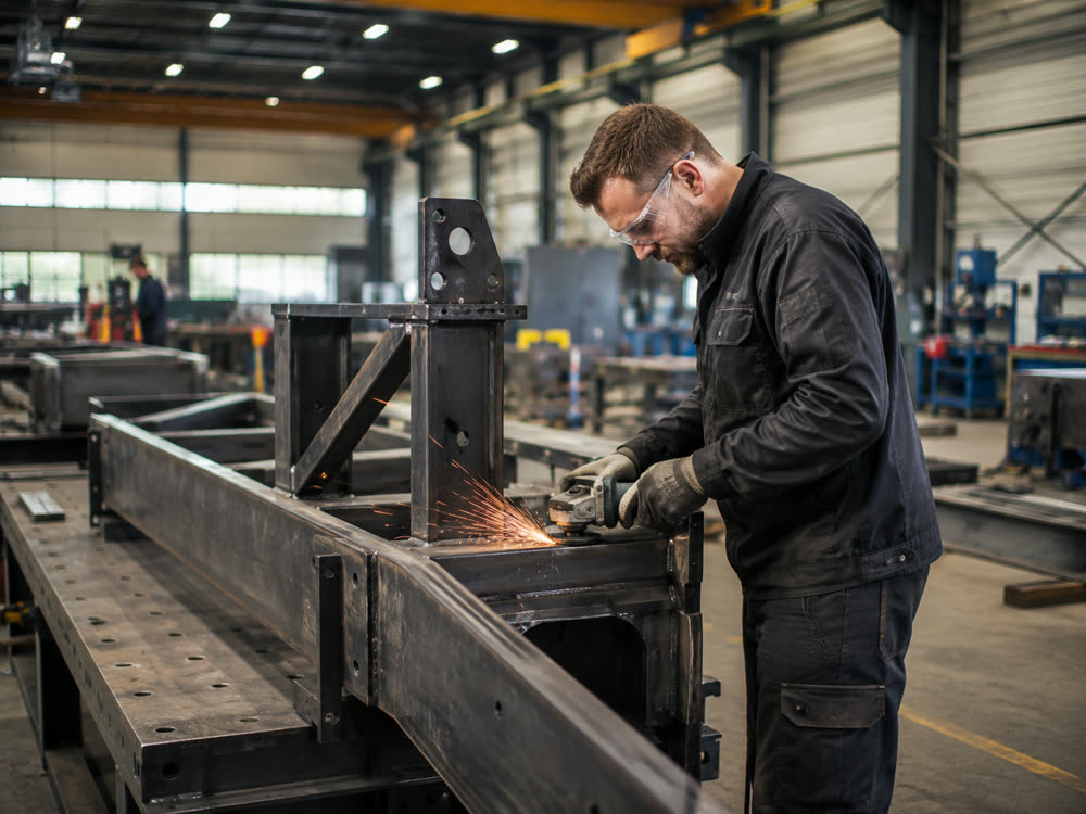 Metallbauer bearbeitet einen Stahlträger im Anlagenbau, Funkenflug